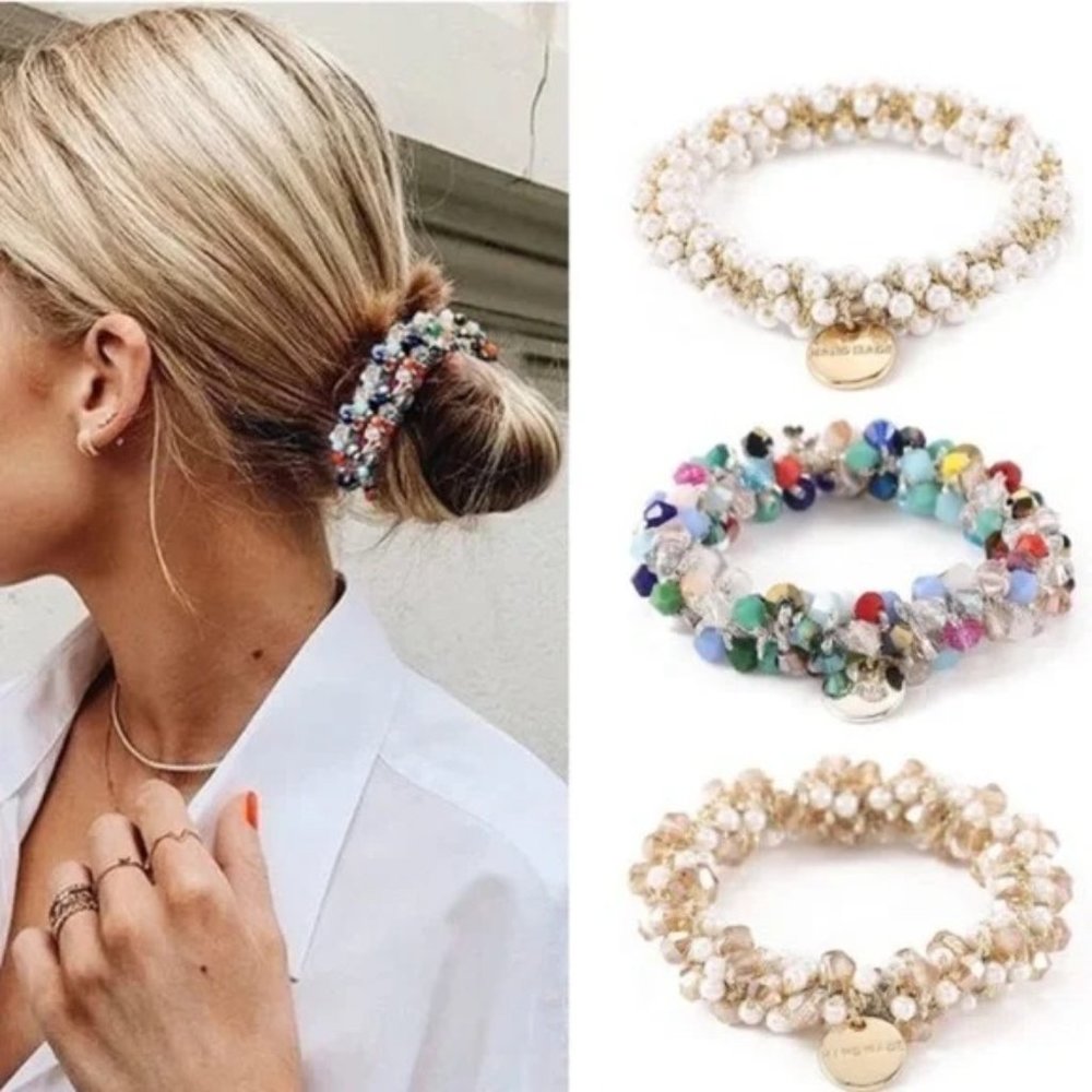 3 Pack Crystal Hair Ties White Elastic Hair Scrunchies Pearl Hair Ropes Bead